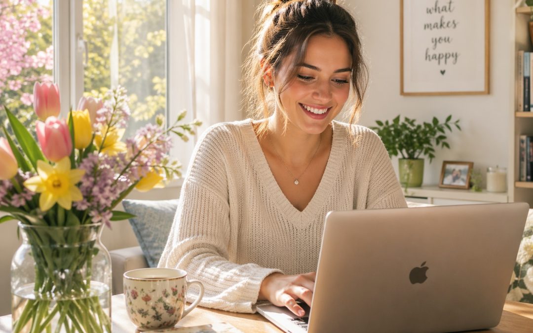 happy woman using laptop in the springtime